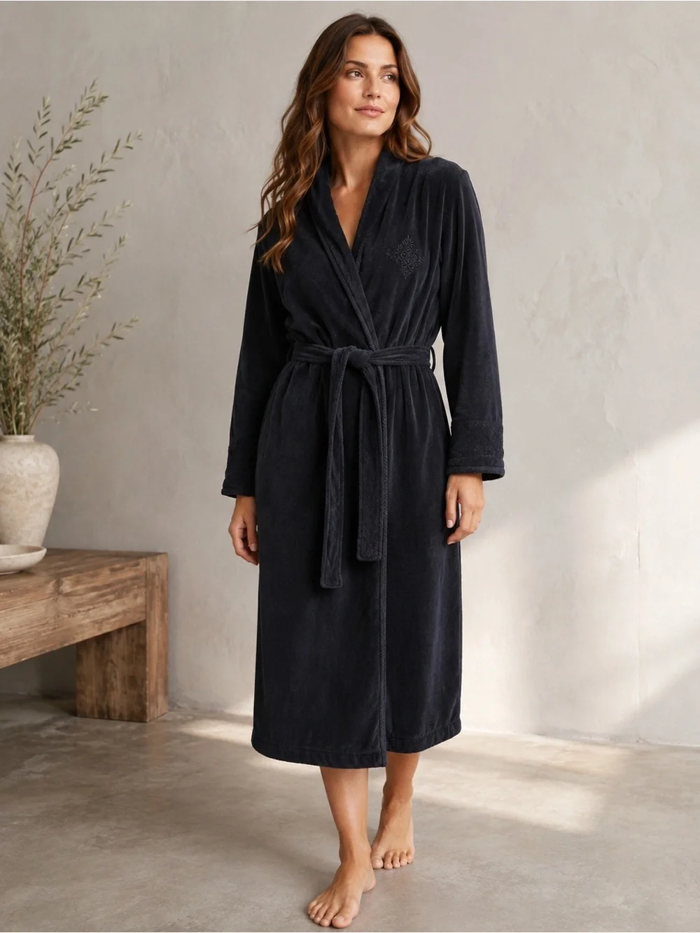 Classic Elements 100% Cotton Robe Black Belted Long Bathrobe Size Medium
